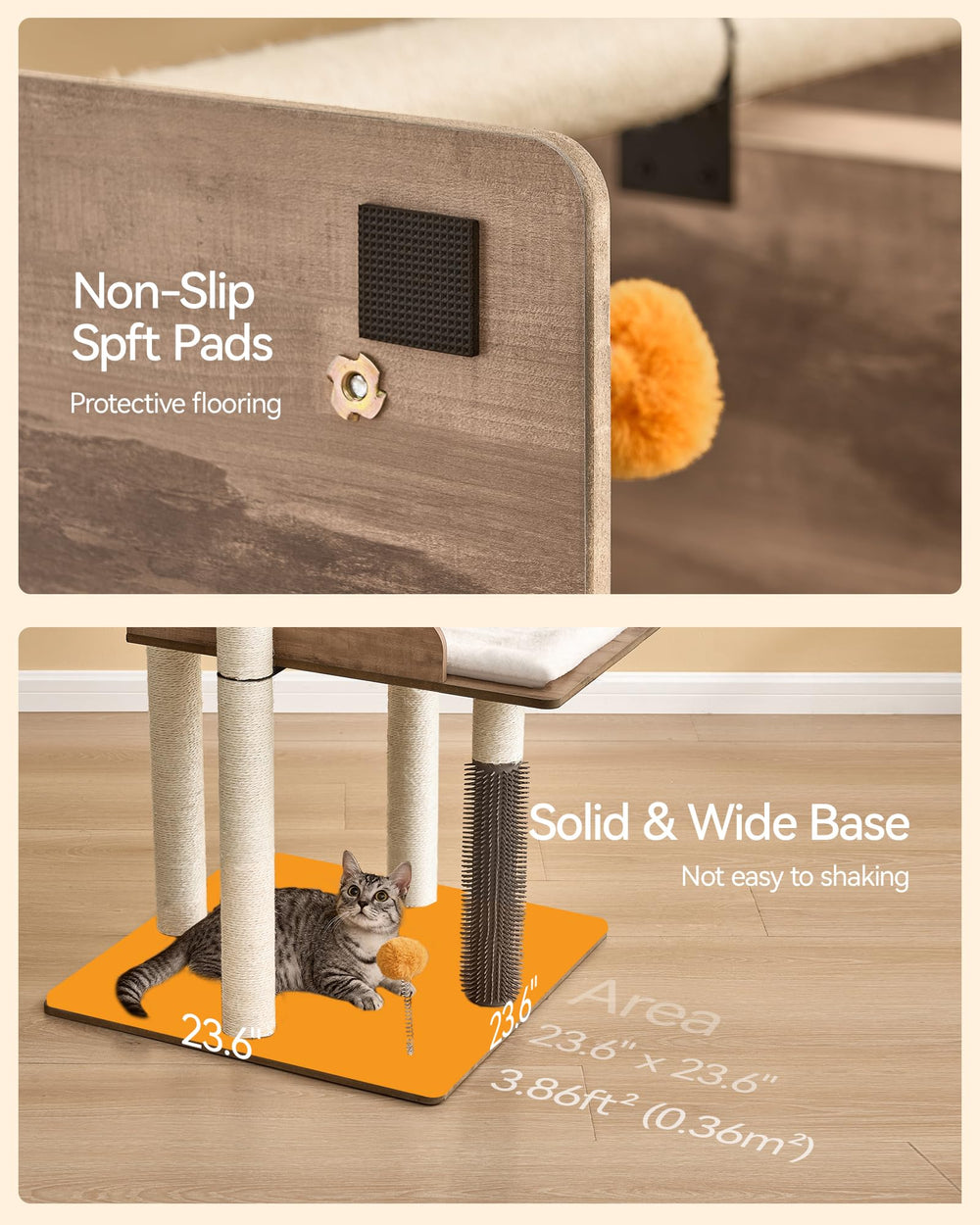 FourFurPets cat tree-pom-poms include extra plush play options.