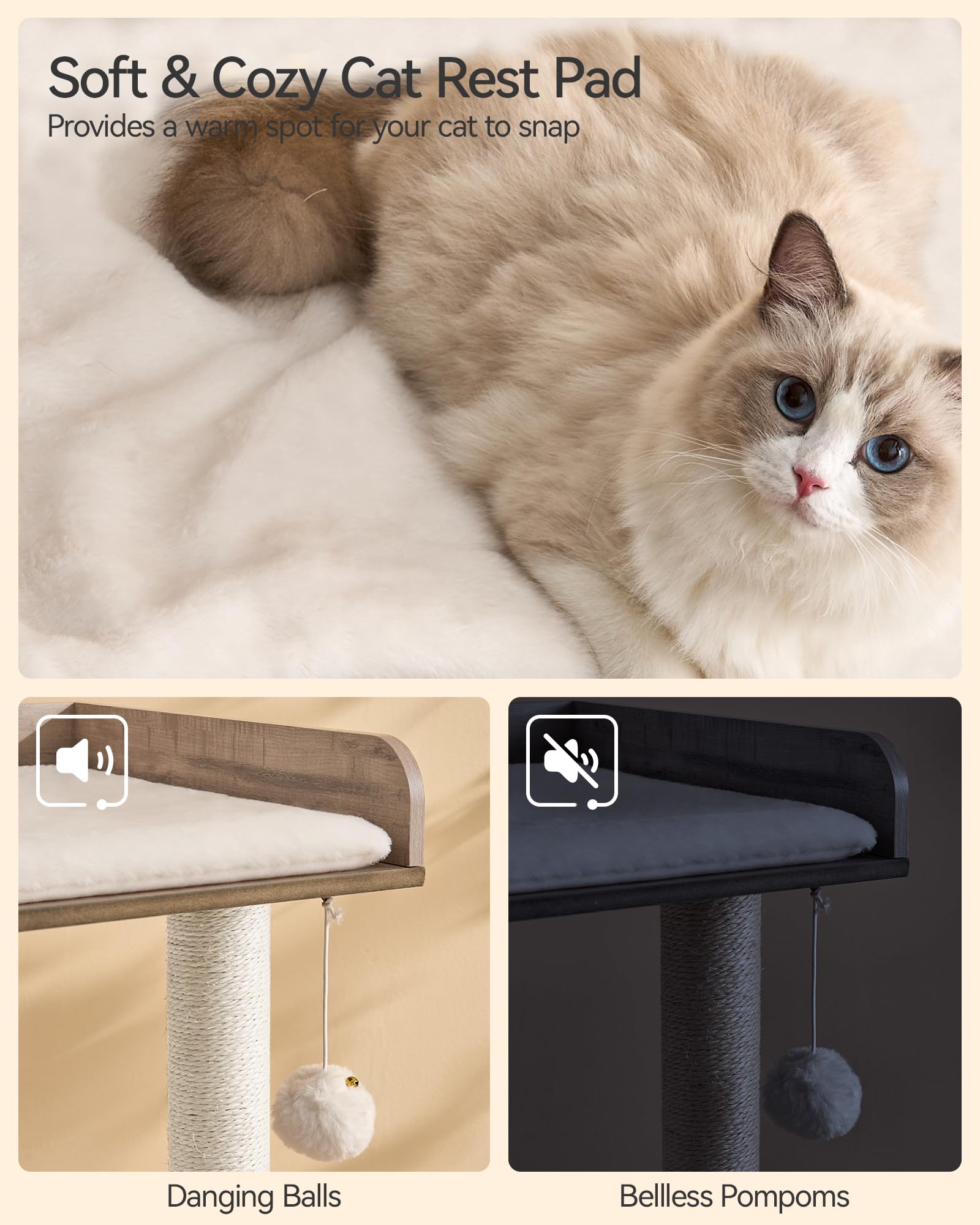 FourFurPets cat tree-removable-cushions simplify cleaning and maintenance.