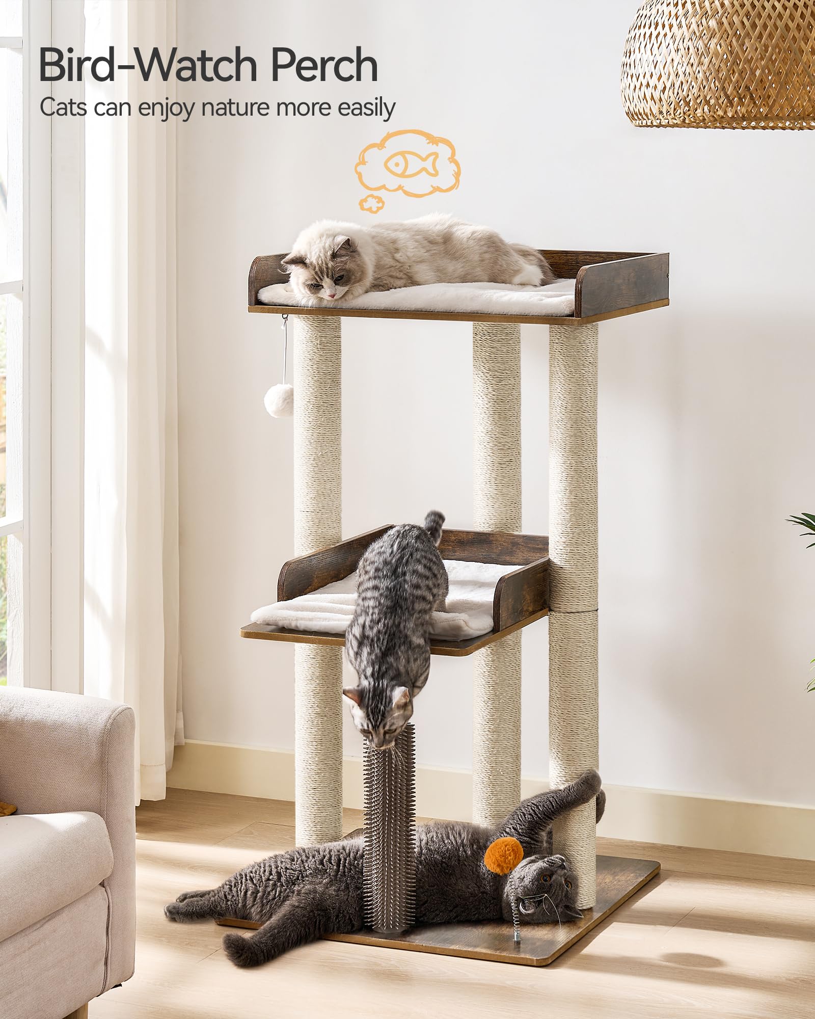 FourFurPets cat tree scratching post trio promotes scratching, climbing, and playful exercise