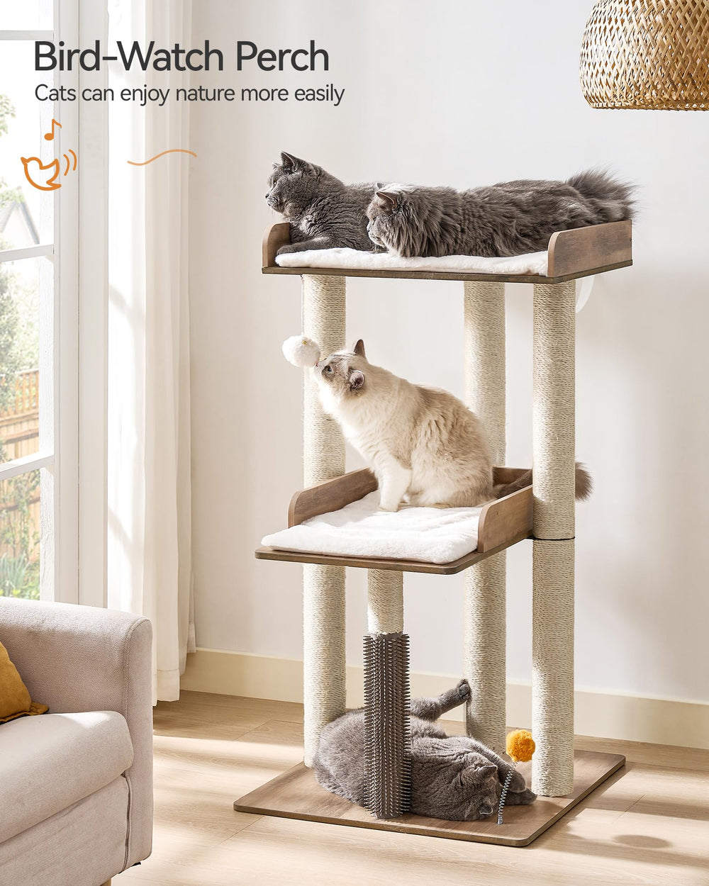 FourFurPets cat tree scratching-posts provide long posts for scratching and play.