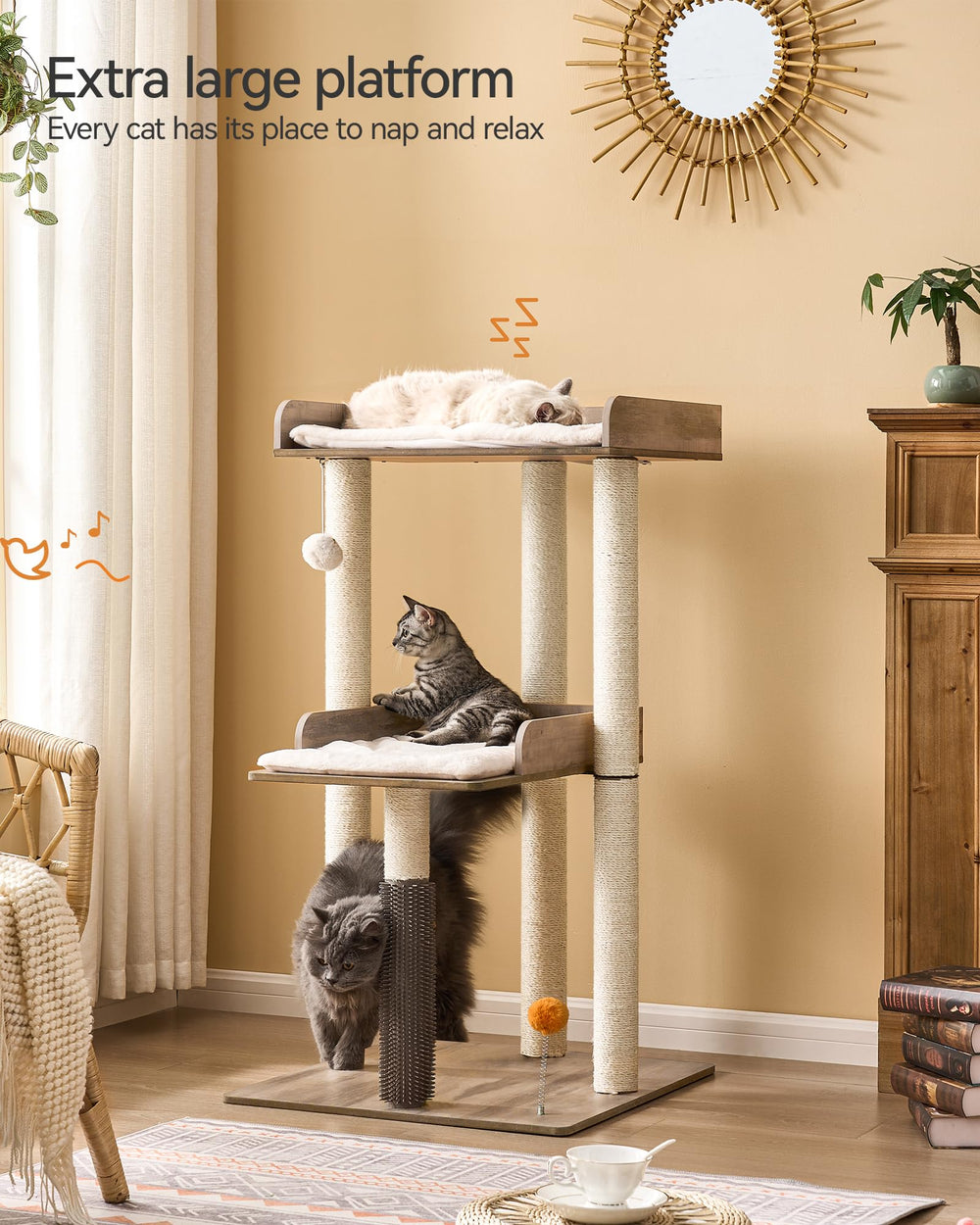 FourFurPets cat tree-self-groomer delivers gentle massage after activity.