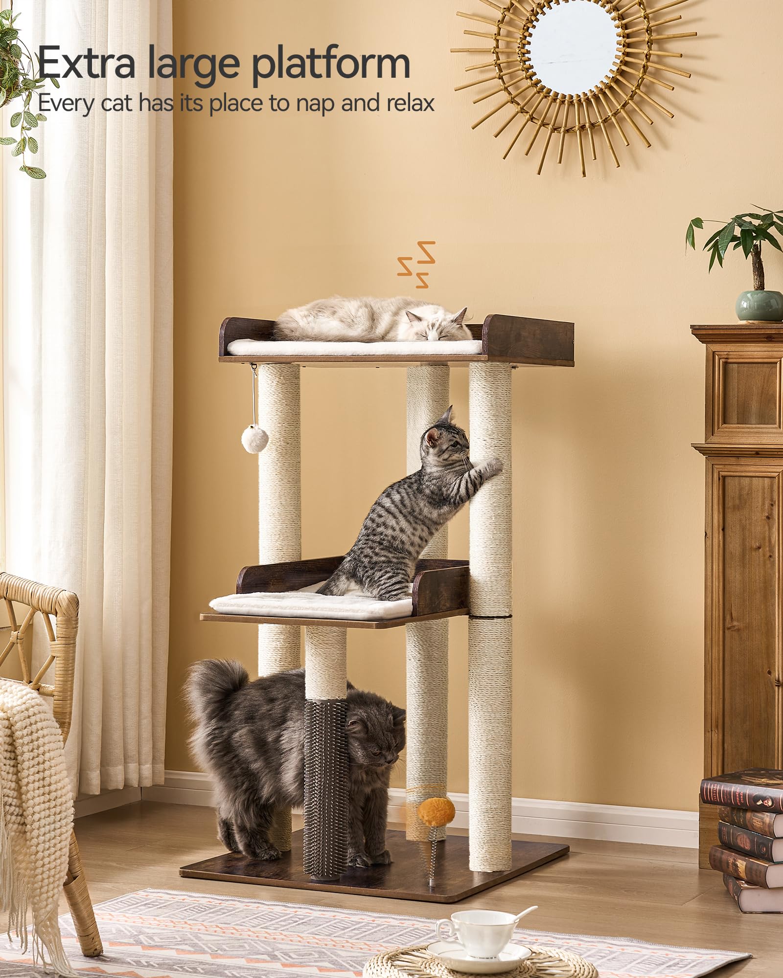 FourFurPets cat tree self-groomer delivers gentle massage for refreshed felines