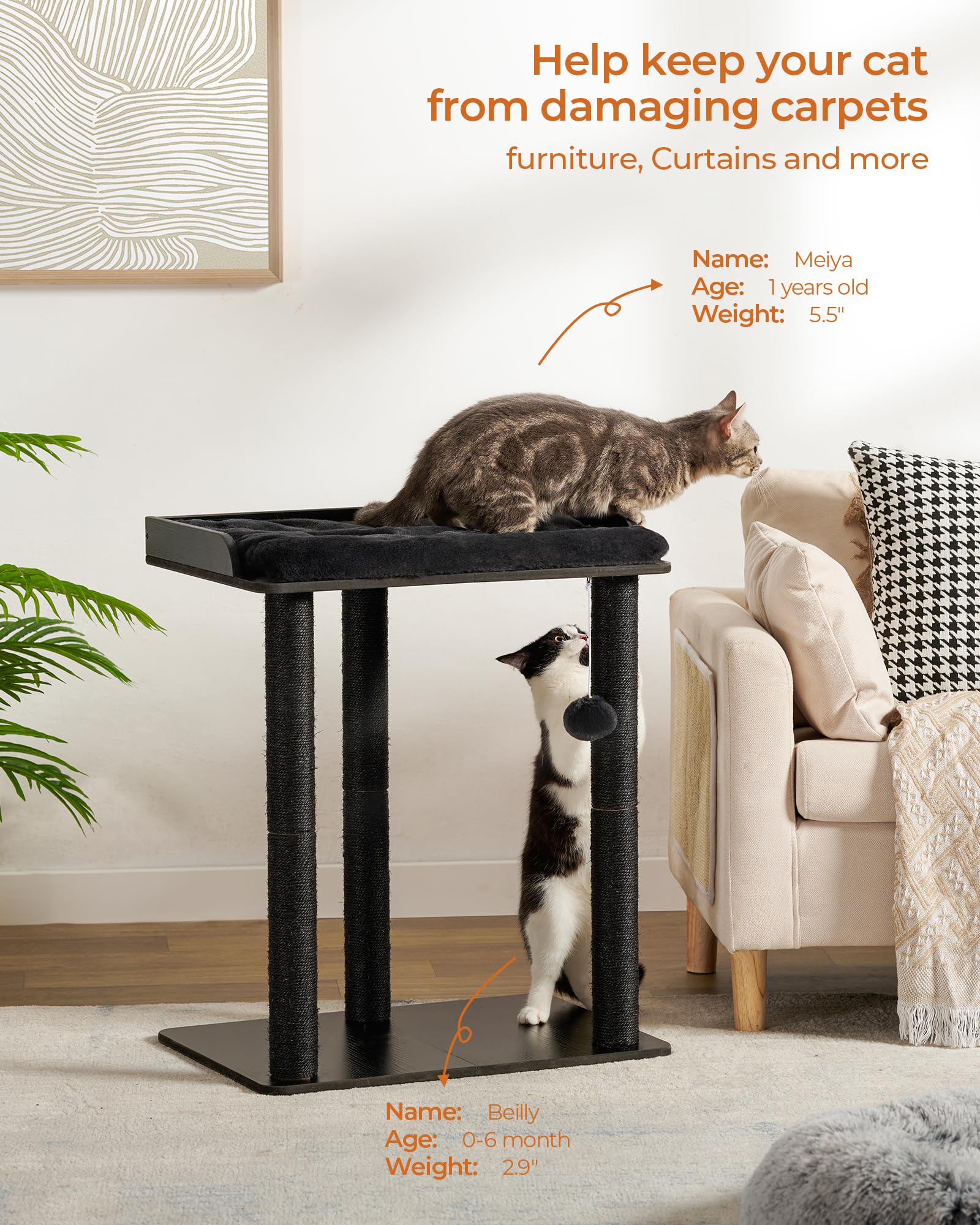 FourFurPets cat tree three natural sisal posts protect furniture from scratching.