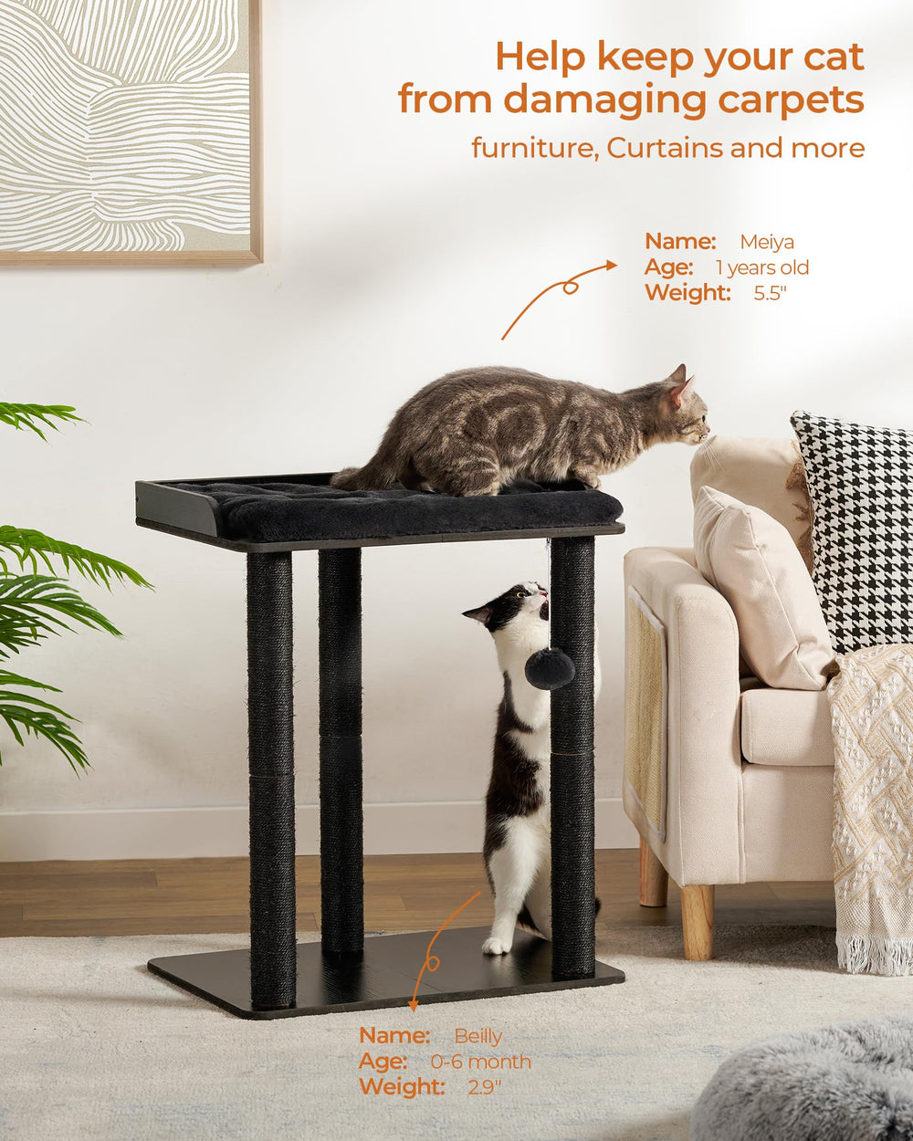 FourFurPets cat tree three natural sisal posts protect furniture from scratching.