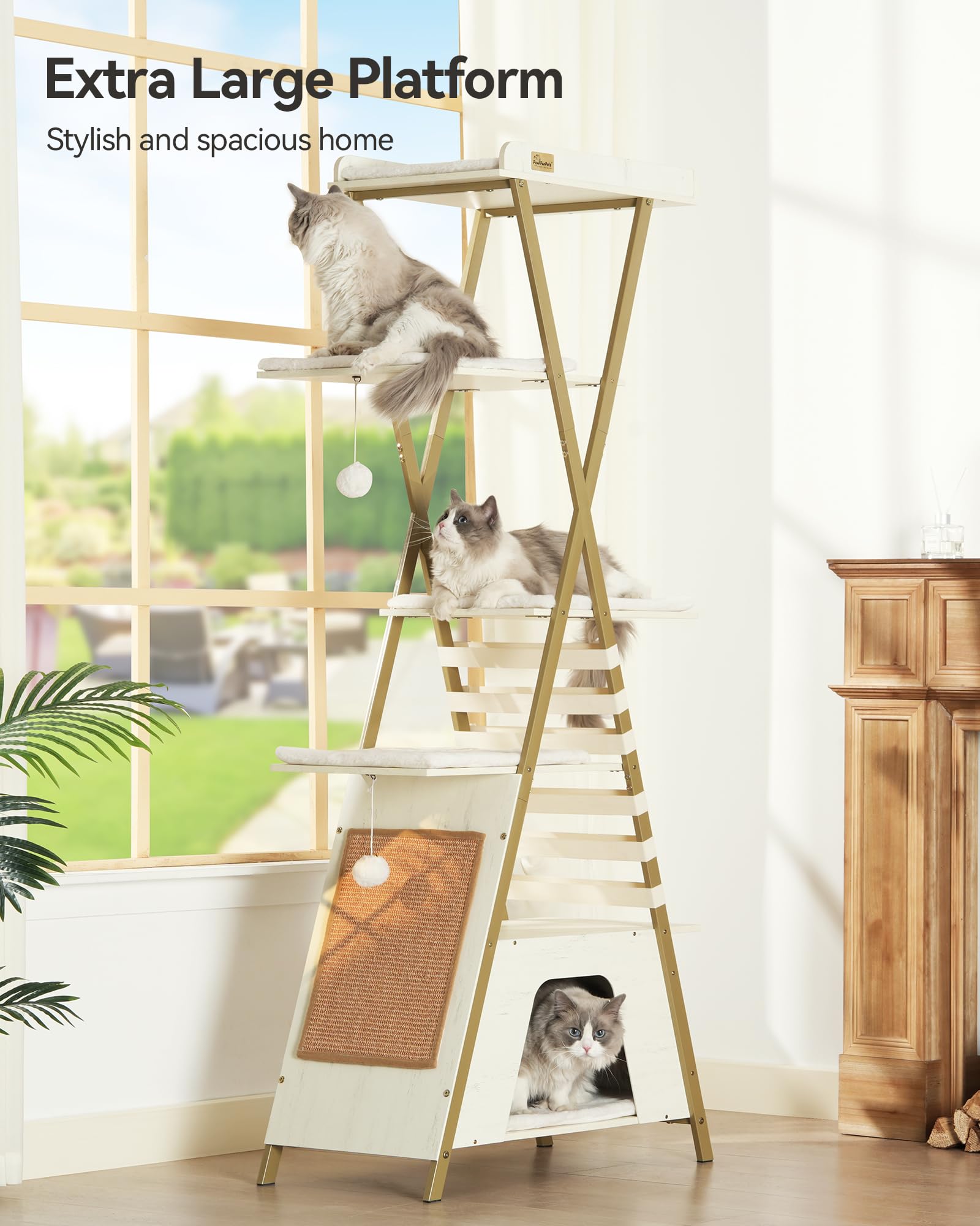 FourFurPets cat tree with sisal scratching boards promotes healthy scratching and play.