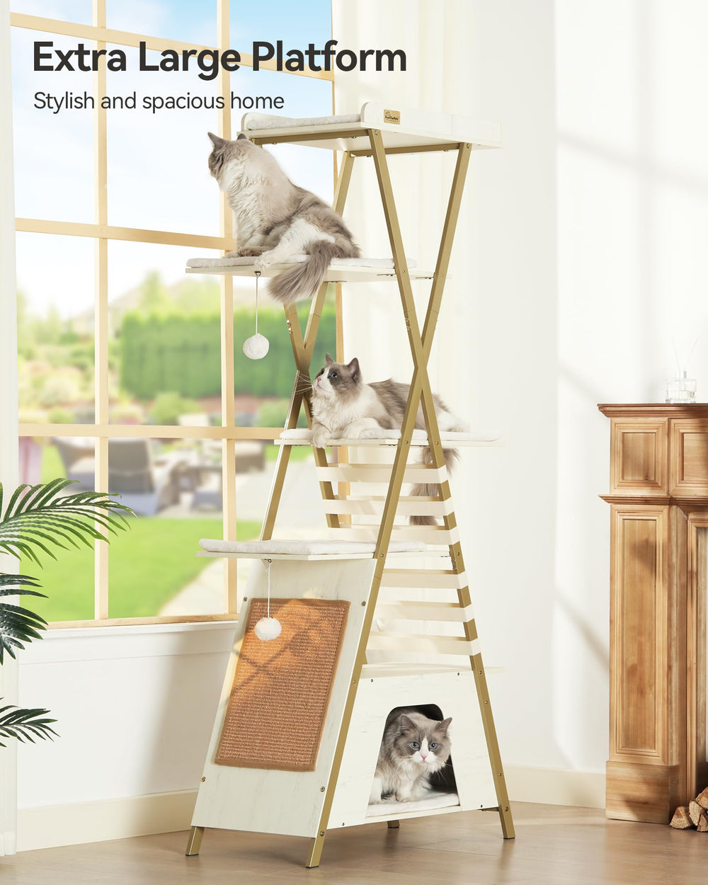 FourFurPets cat tree with sisal scratching boards promotes healthy scratching and play.