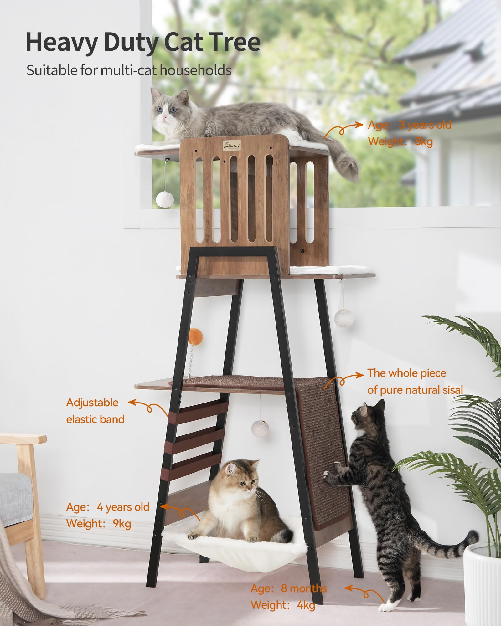 FourFurPets cat tree spacious playground for multi-cat households with room to climb and lounge.