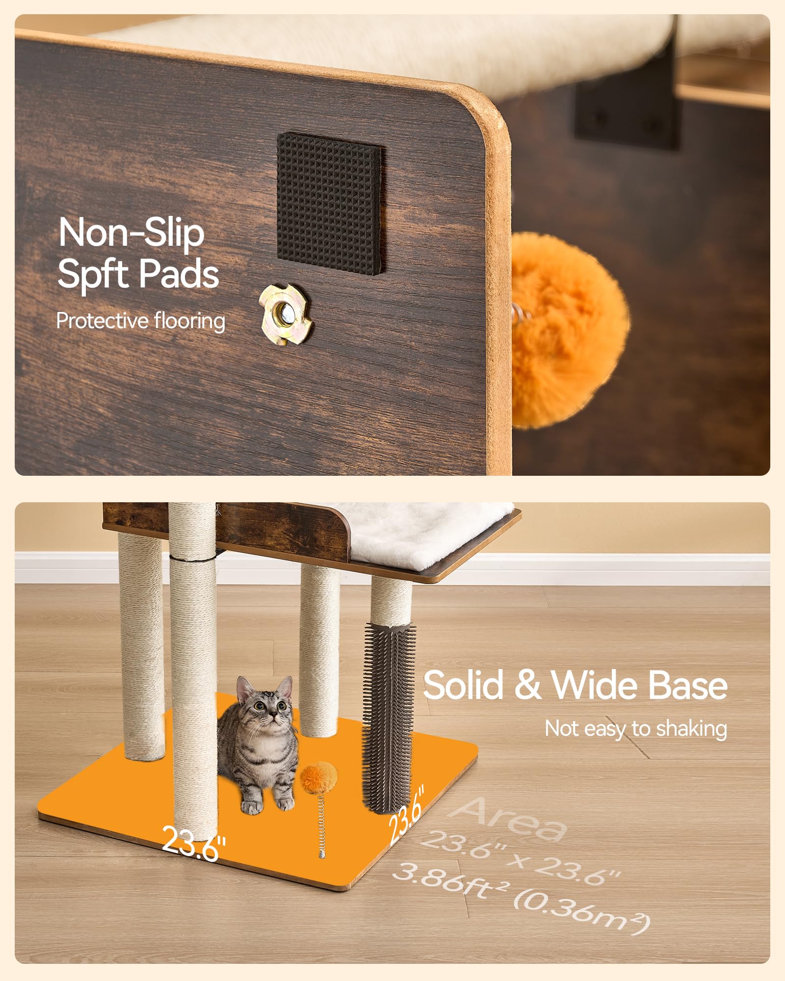 FourFurPets cat tree includes spare plush balls for extra entertainment