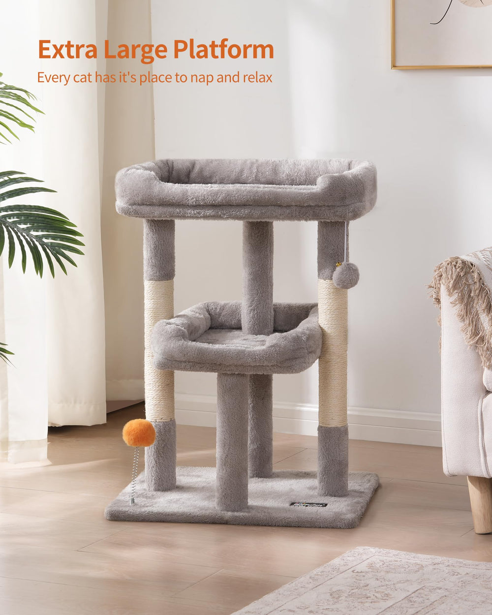FourFurPets cat tree sturdy base with three pillars for anti tip stability