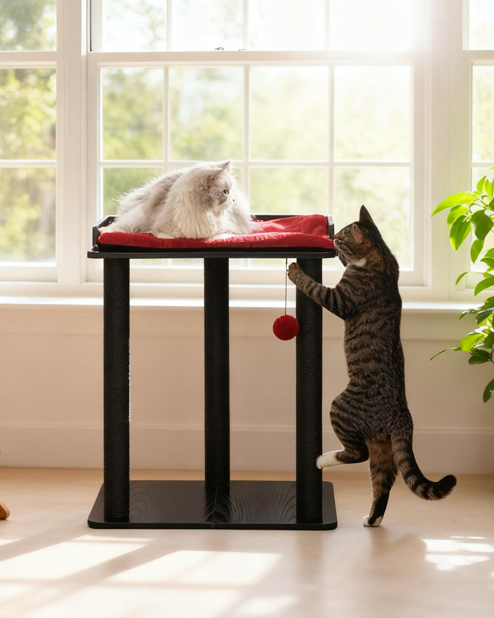 FourFurPets cat tree tower closeup highlighting plush cushion for cozy naps.