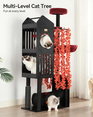 FourFurPets Gothic Cat Tree black red cushions highlight stylish hideouts for comfy lounging.