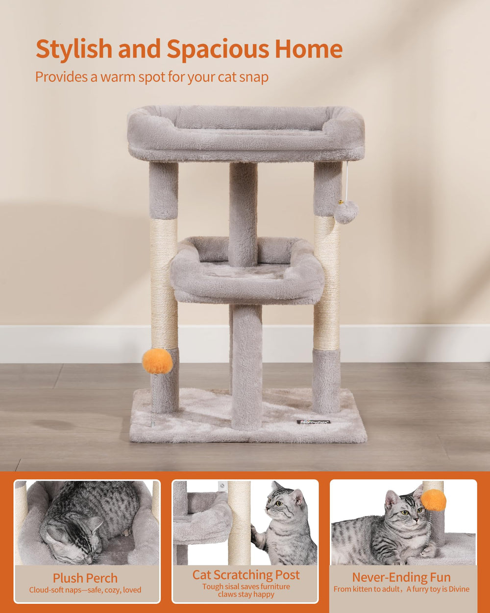 FourFurPets light gray cat tree blends with home decor