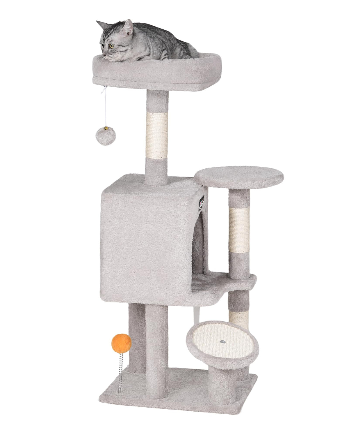 FourFurPets small cat tree assembly shows labeled parts for quick setup and safe use.
