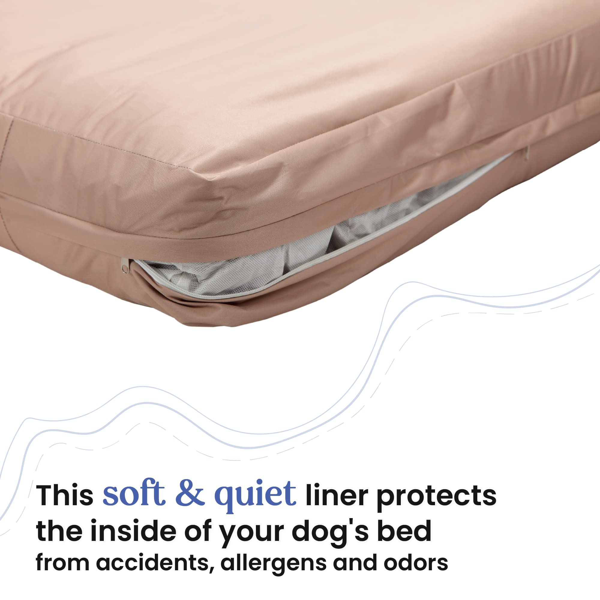 4Knines dog bed cover zipper and liner shown for simple installation and secure fit.