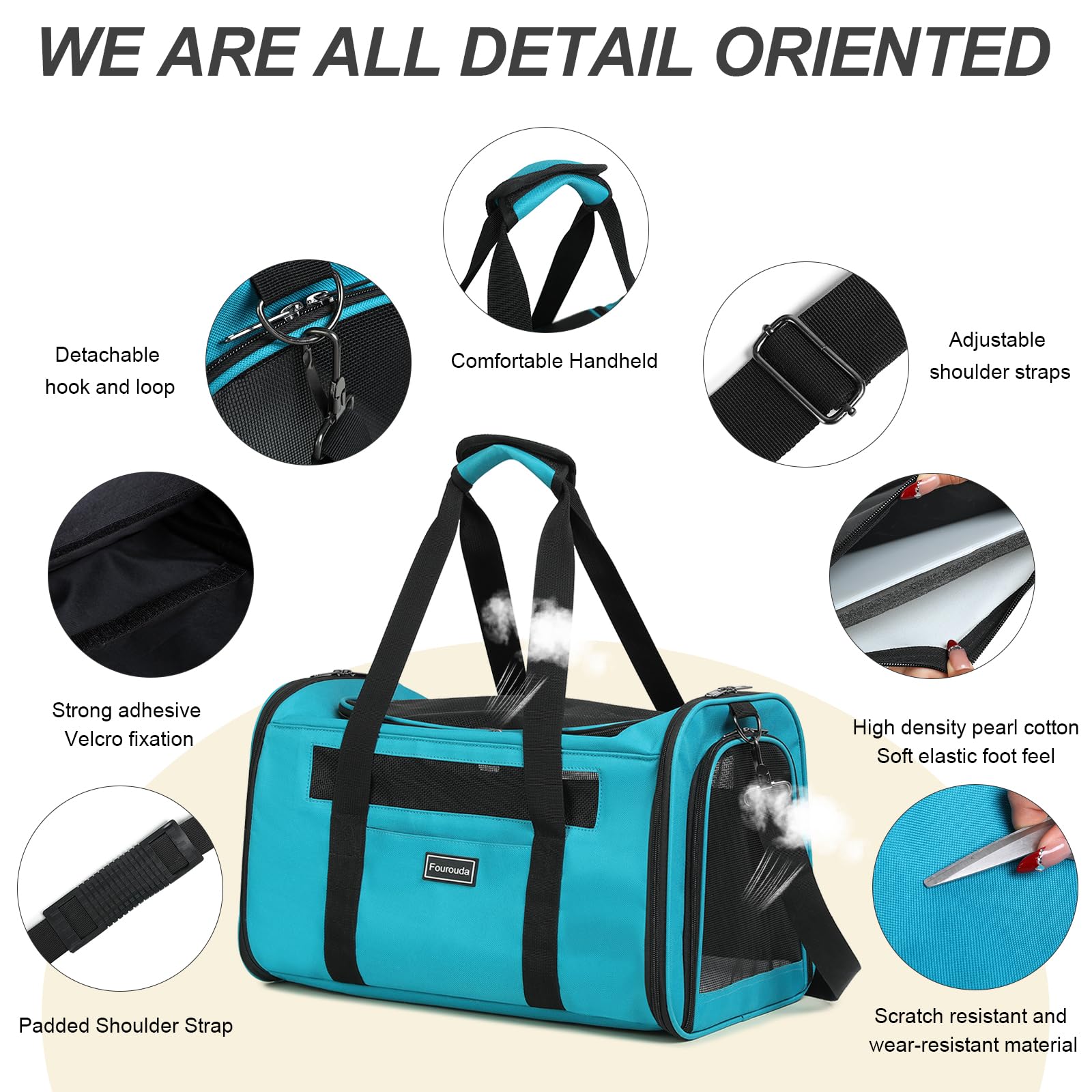 Fourouda blue cat soft sided carrier interior with ventilation for airflow