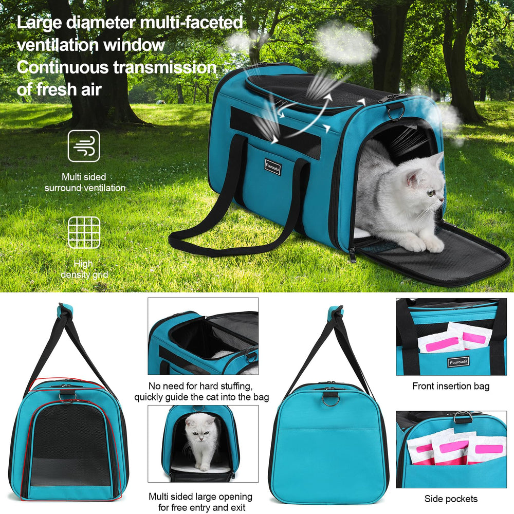 Fourouda blue cat soft sided carrier travel use scene in car and airport