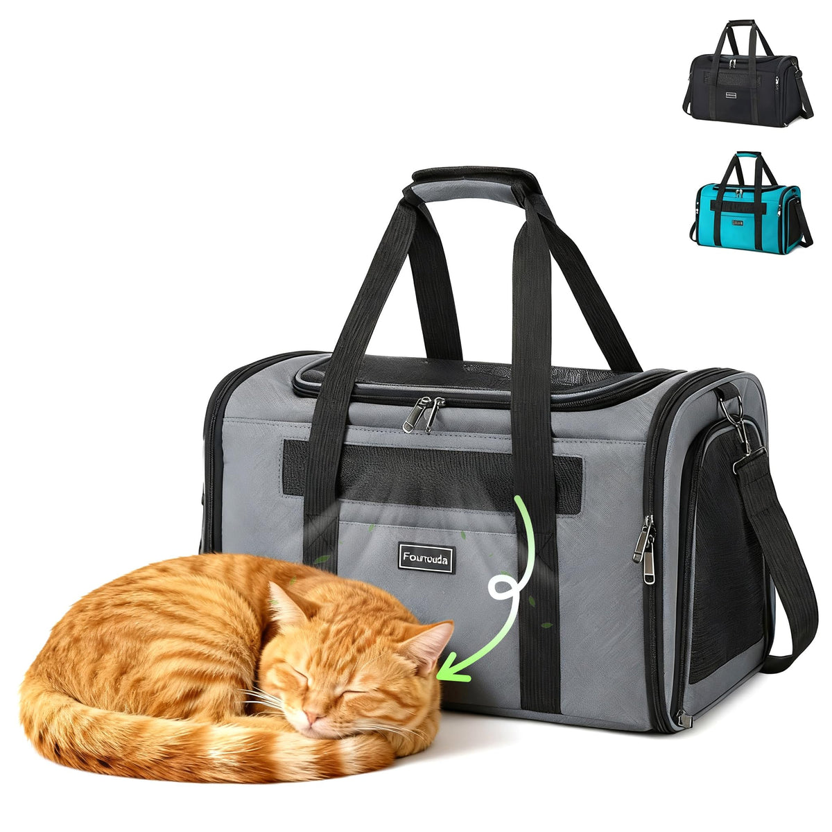 Fourouda cat travel carrier front skylight closure for secure entry and visibility.