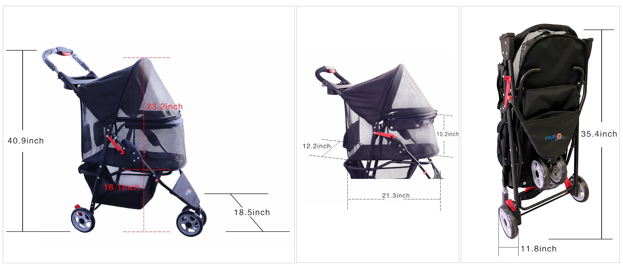FOURPAW full-window stroller side view shows storage basket and cup holder
