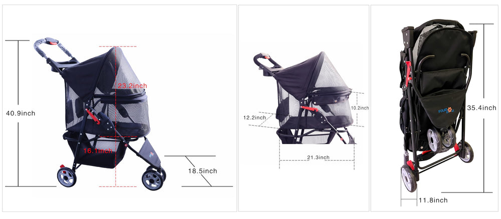 FOURPAW full-window stroller side view shows storage basket and cup holder