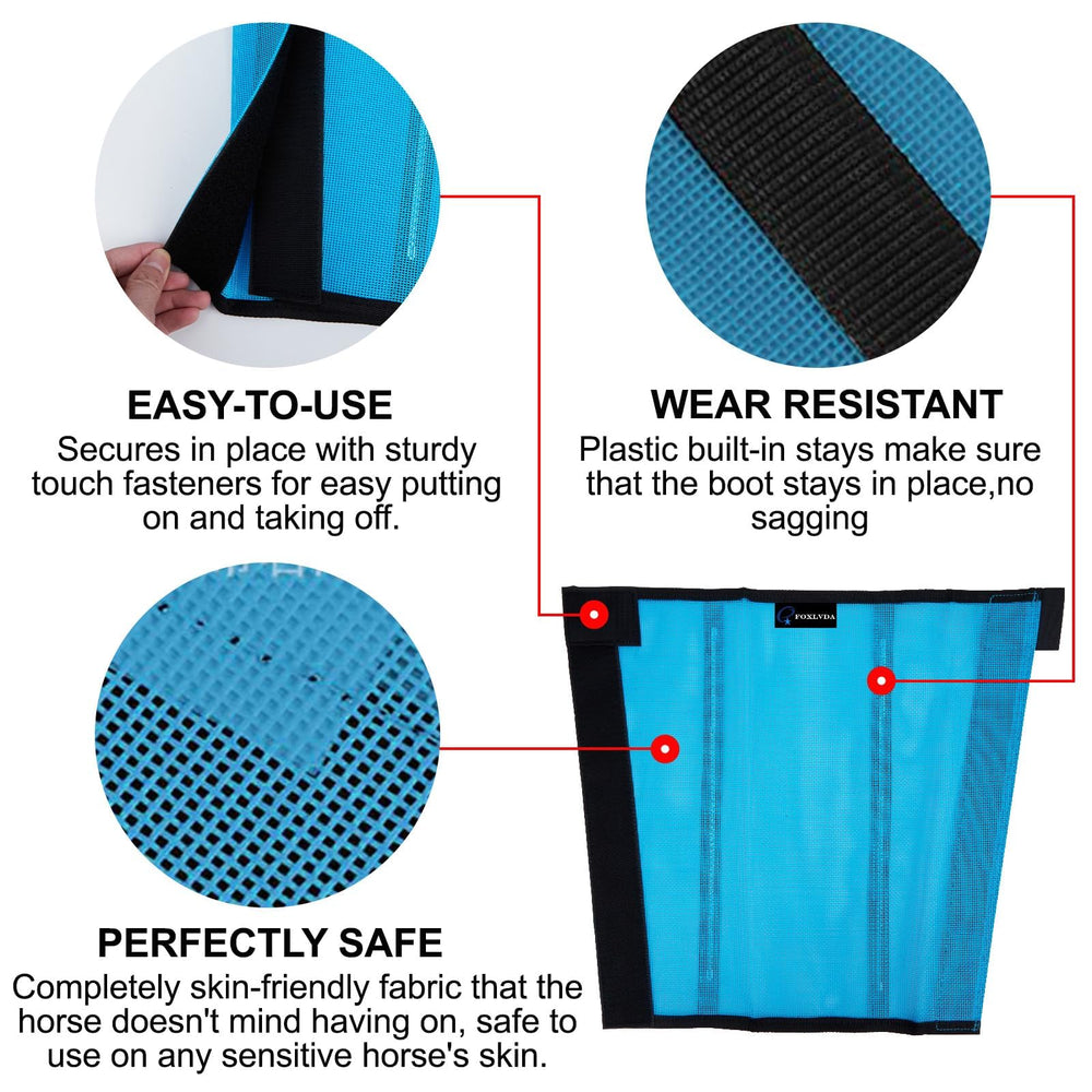 FOXLVDA horse fly boots blue in ranch use for fly protection on the trail.