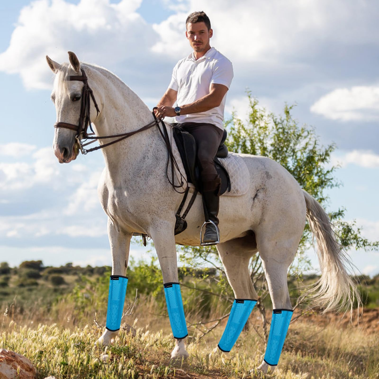 FOXLVDA blue horse fly boots with UV protection mesh design.
