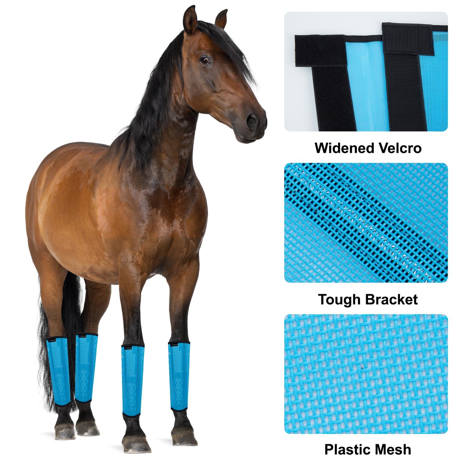 FOXLVDA horse fly boots blue close-up of adjustable Velcro straps for secure fit.
