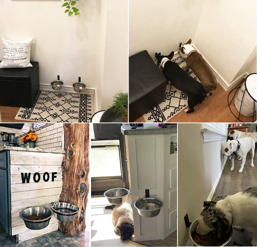 FOYO food and water bowls mounted for tidy, accessible feeding.