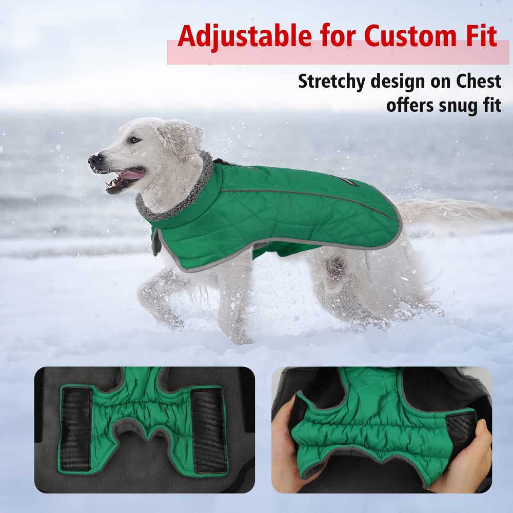 Fragralley dog coat green M Velcro neck and belly closure for easy on-off.