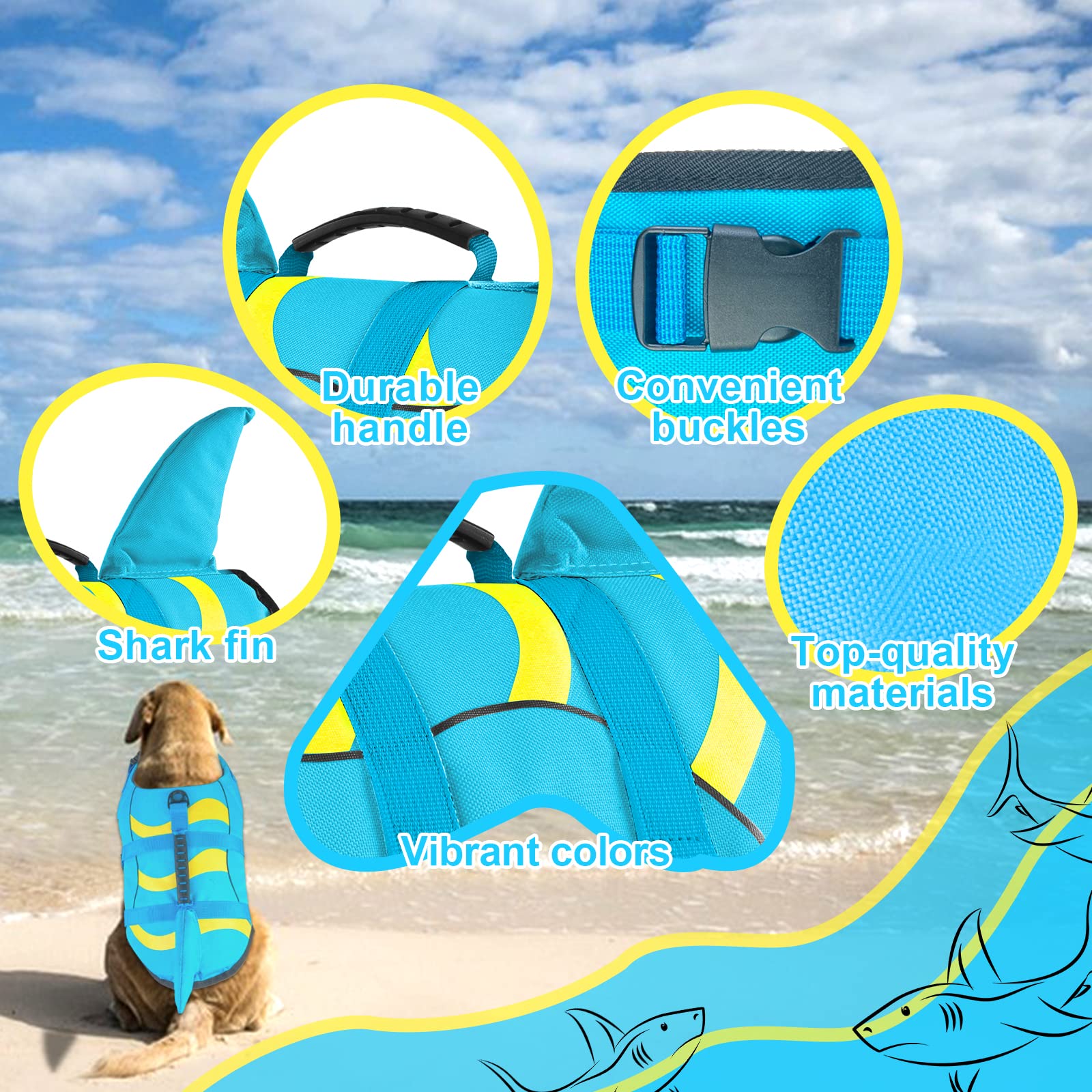Fragralley shark dog life jacket with adjustable straps ensuring a snug fit.