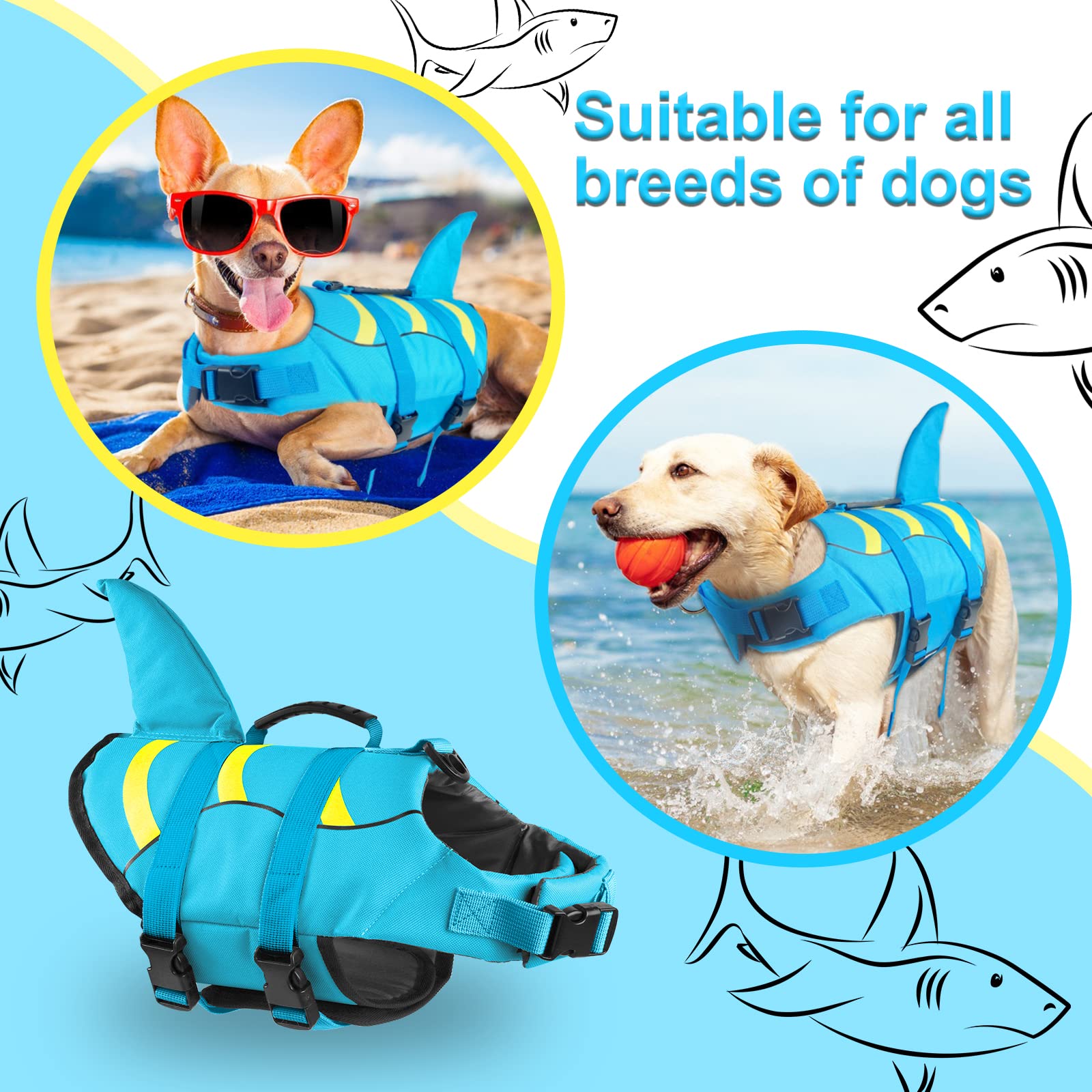 Fragralley shark dog life jacket on a dog at the beach with bright colors.