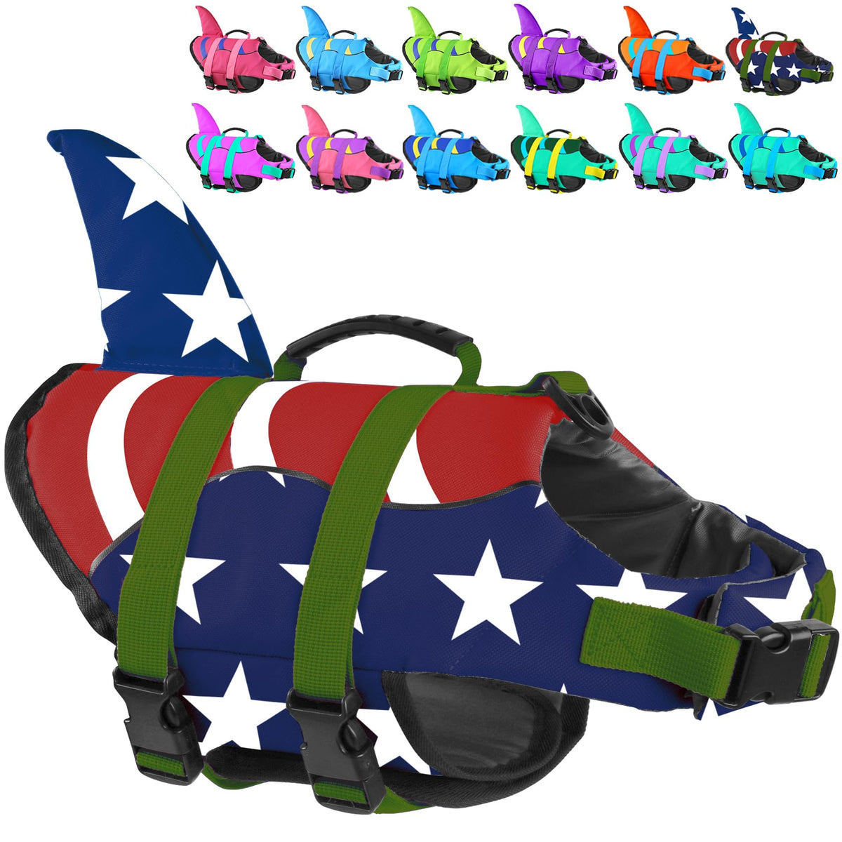 Fragralley Shark Fin Dog Life Jacket front view enhances visibility and safety during swims.