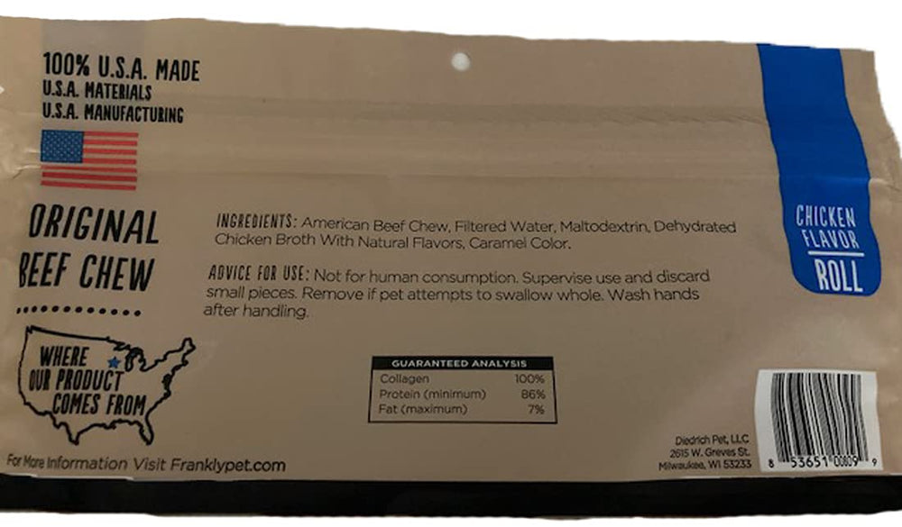 Frankly Chicken Flavor Beef Chew Retriever Rolls close-up, highlighting natural ingredients for durable chewing.