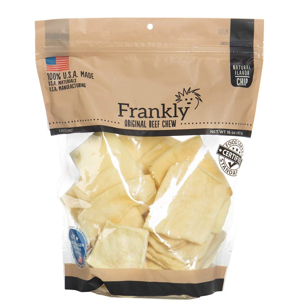 Frankly Natural Beef Chips for Dogs packaging showcasing premium chews for dental health and chew satisfaction.
