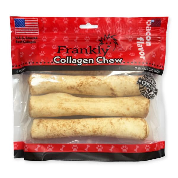 Frankly Pet original bacon-flavored collagen rolls 7-inch, a long-lasting chew that supports dental health.