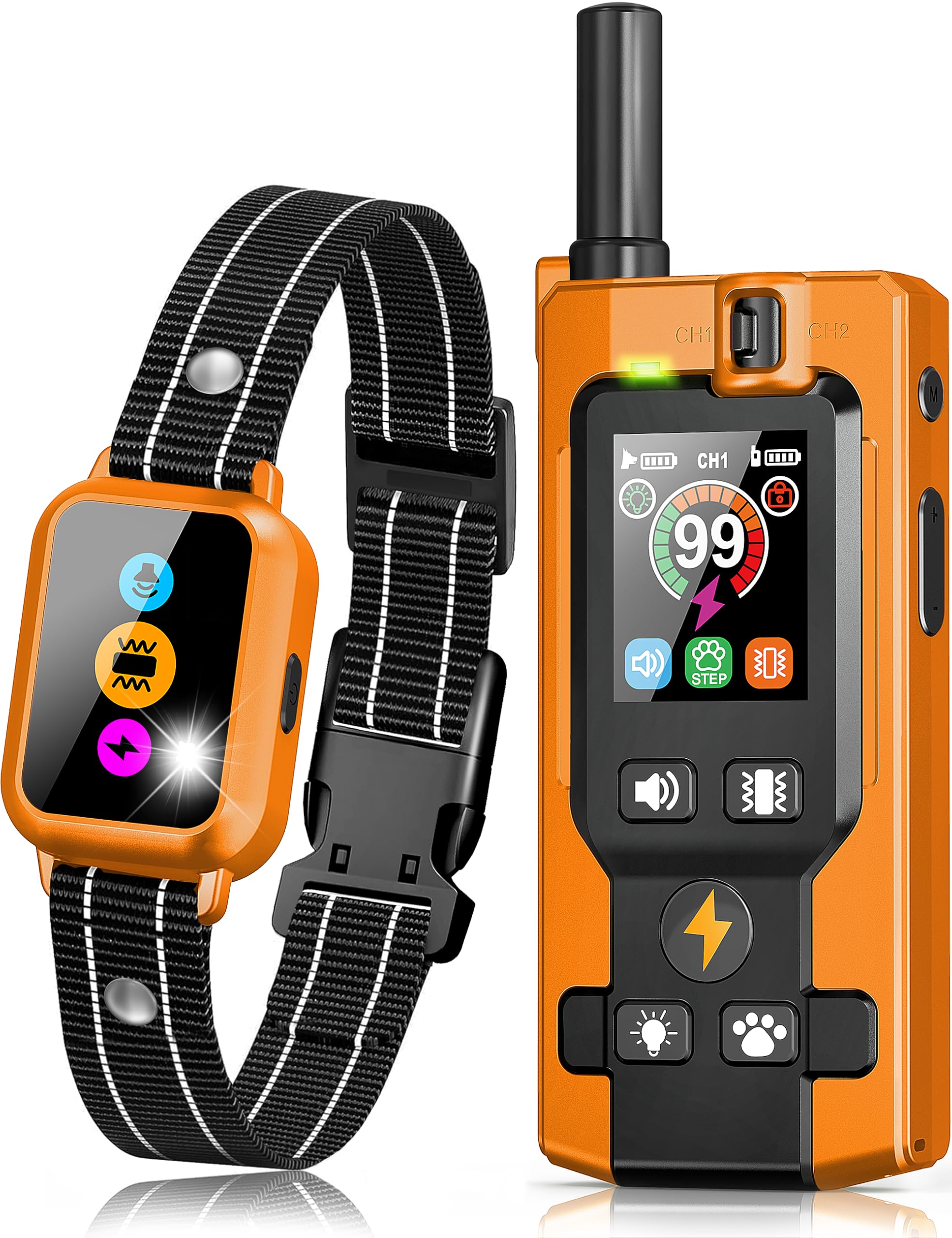Frayo dog training collar front view in orange, showcasing ergonomic, lightweight fit.