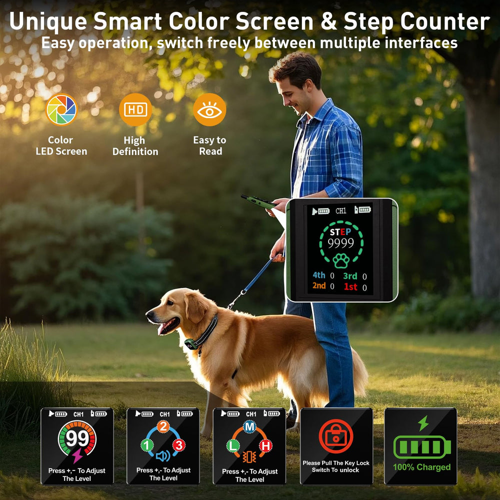 Frayo dog training collar remote smart screen highlights quick mode changes for easy training cues.