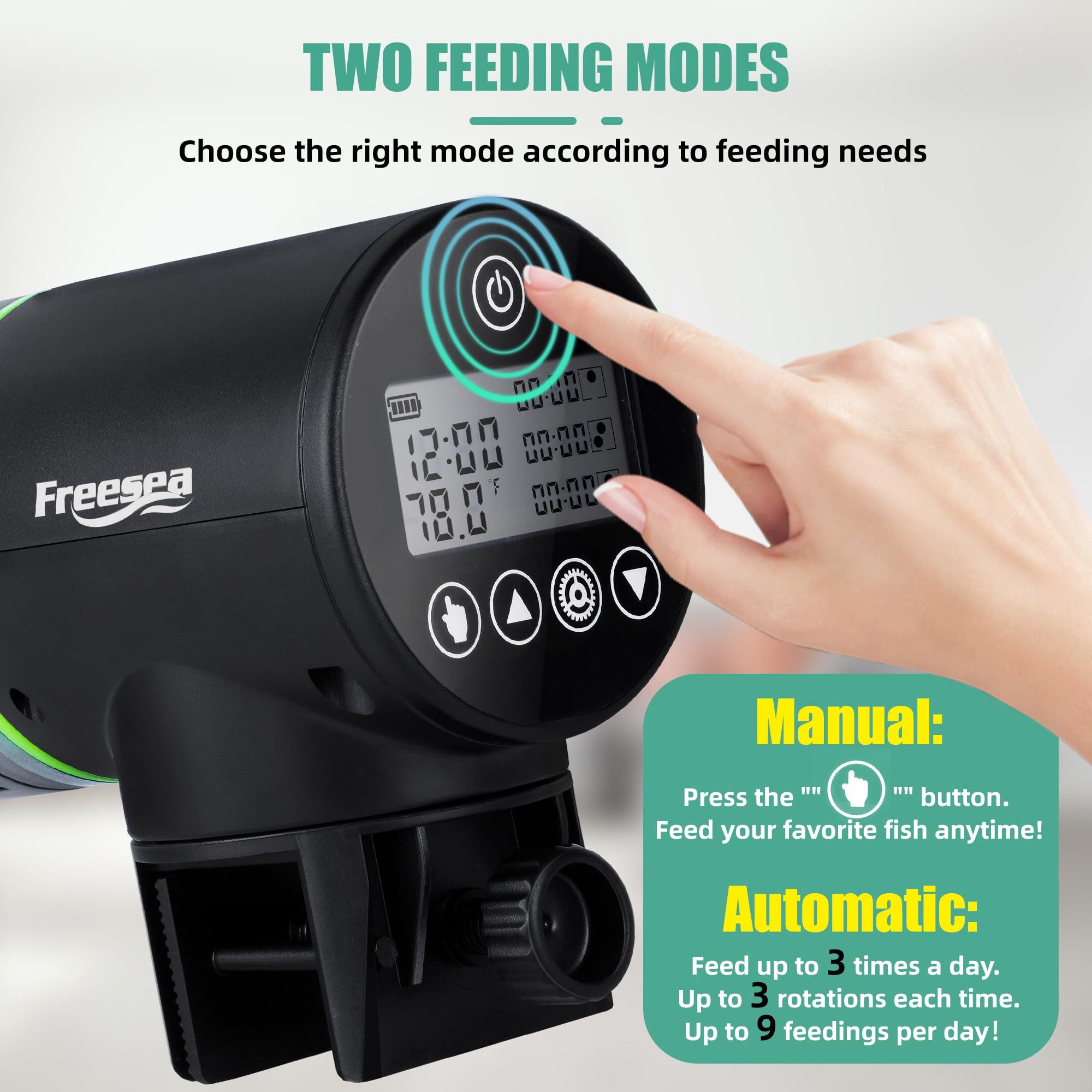 FREESEA feeder rotates 360 degrees for accurate portioning and placement.
