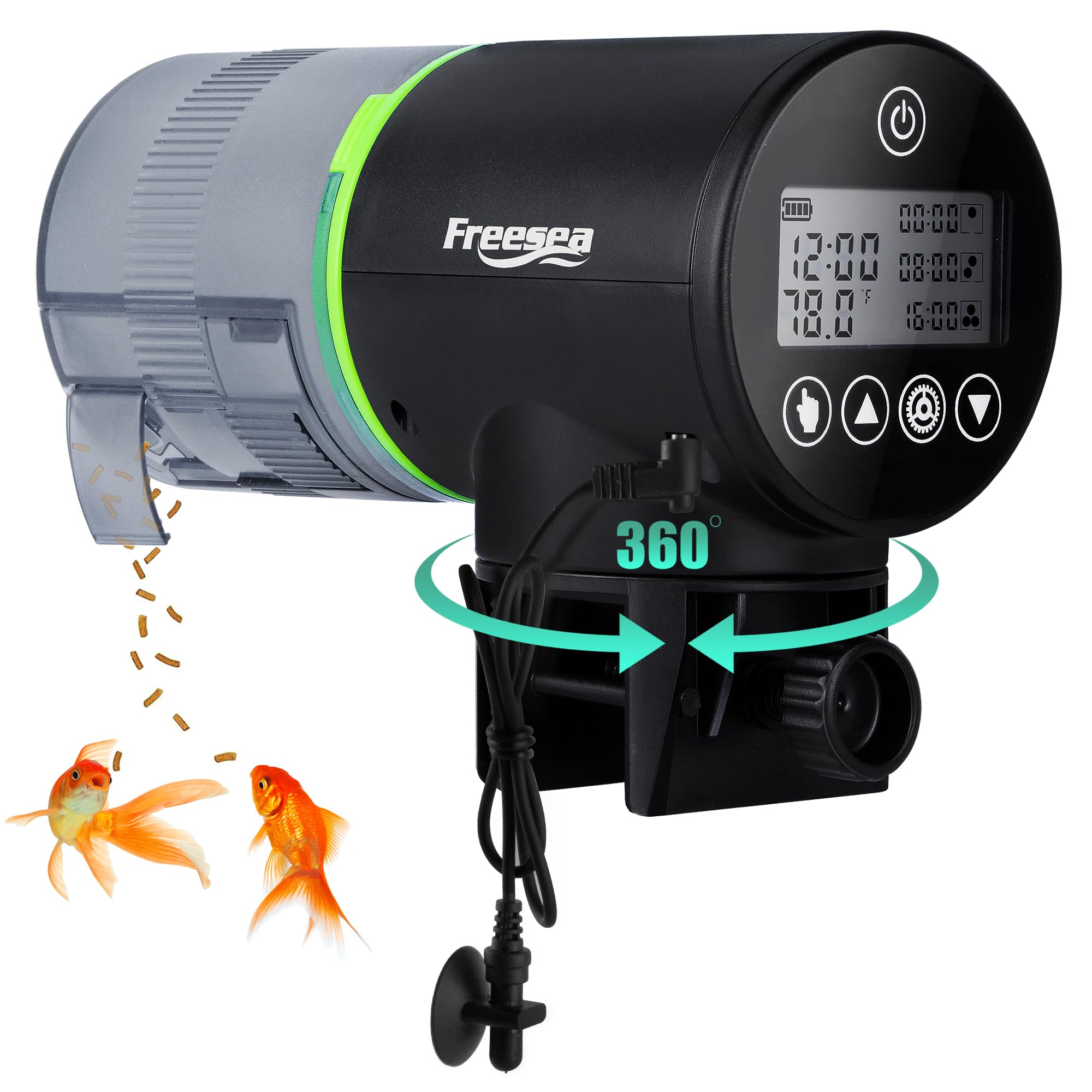 FREESEA Aquarium feeder with digital display shows scheduled meals for precise feeding.