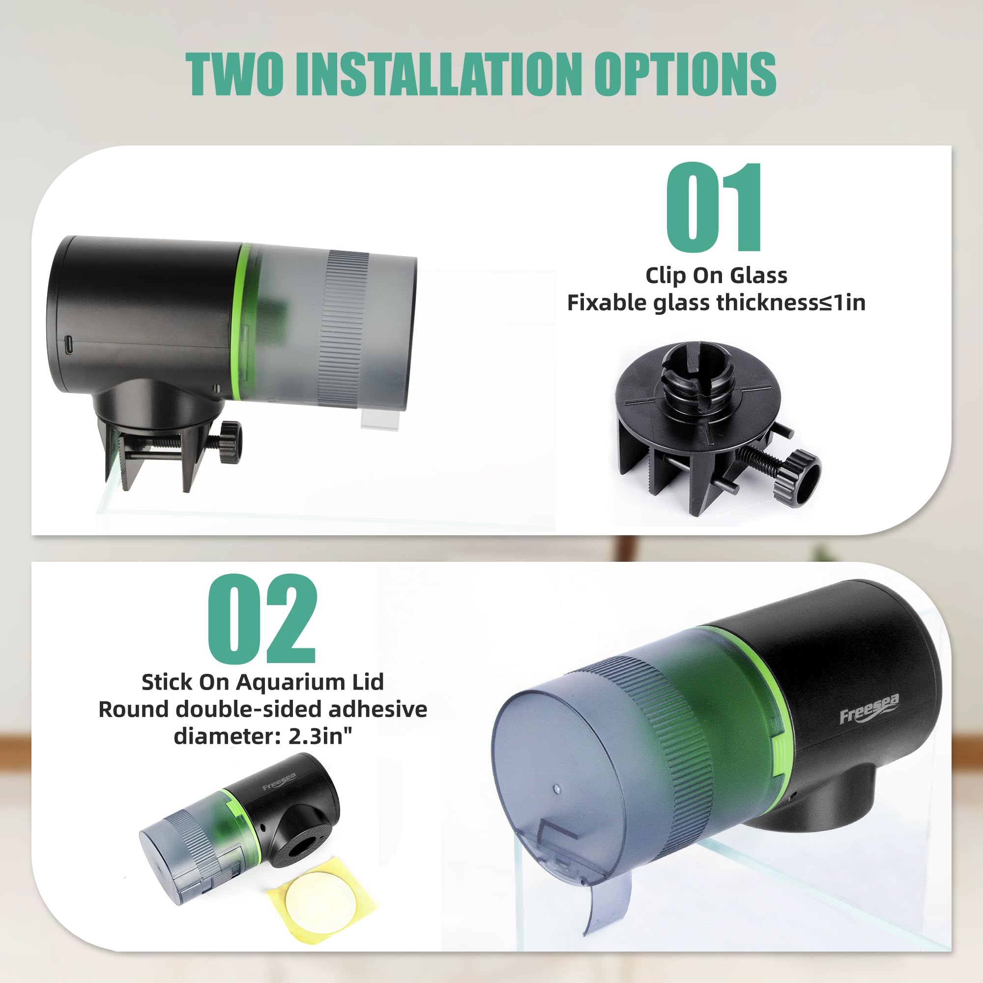 FREESEA mounting options show clamp and lid installation for different tank setups
