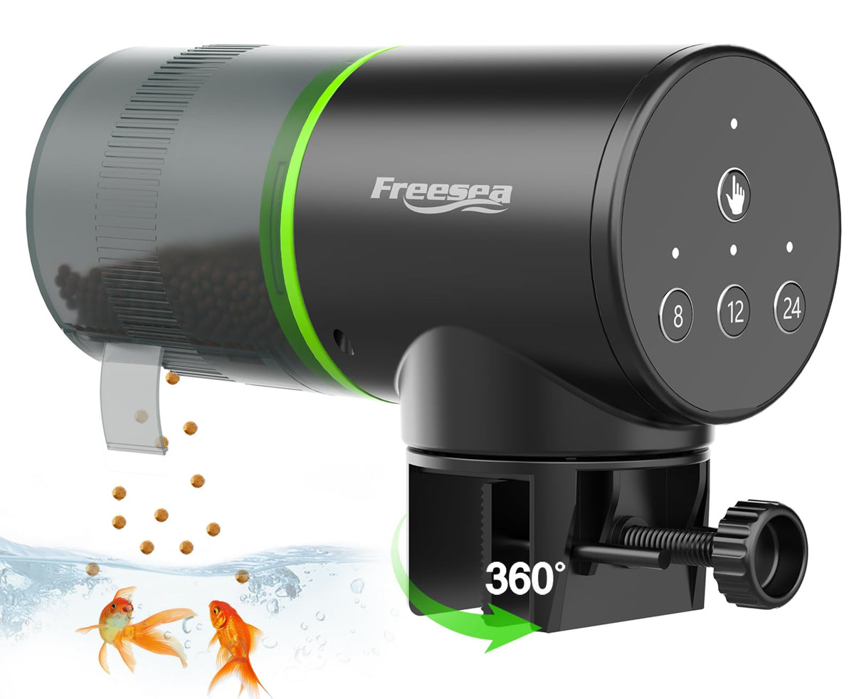 FREESEA front-view of automatic fish feeder on aquarium for reliable feeding.