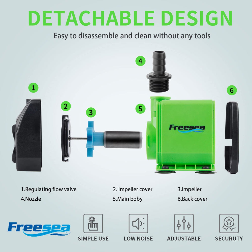 Freesea pump 10ft water lift powers tall waterfalls in ponds and hydroponics.