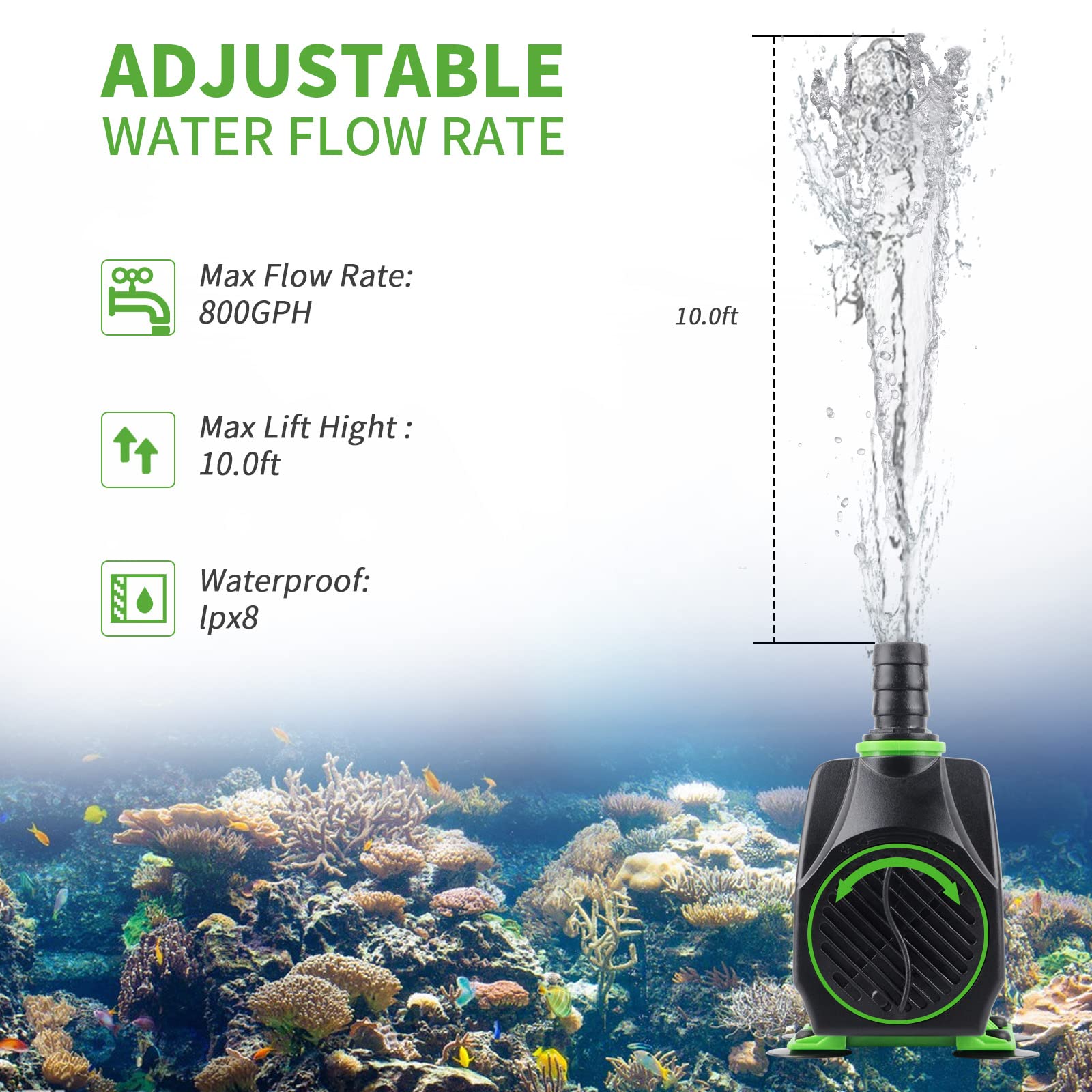 Freesea pump adjustable flow knob enables precise water control in small ponds.