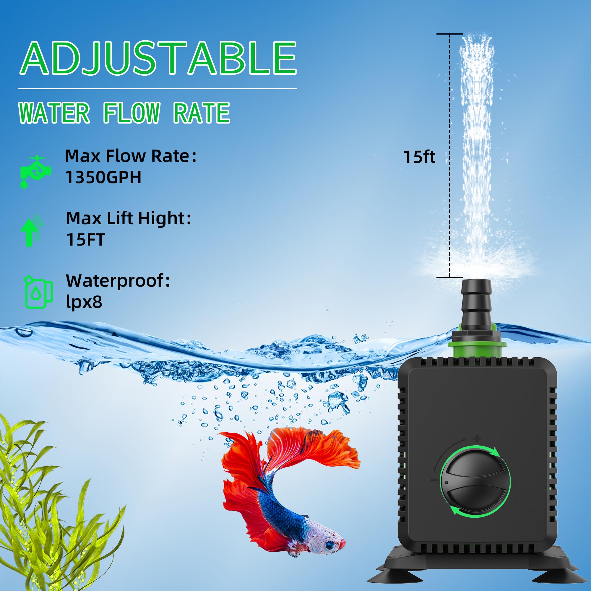 FREESEA pump with adjustable flow knob enabling precise fountain pressure