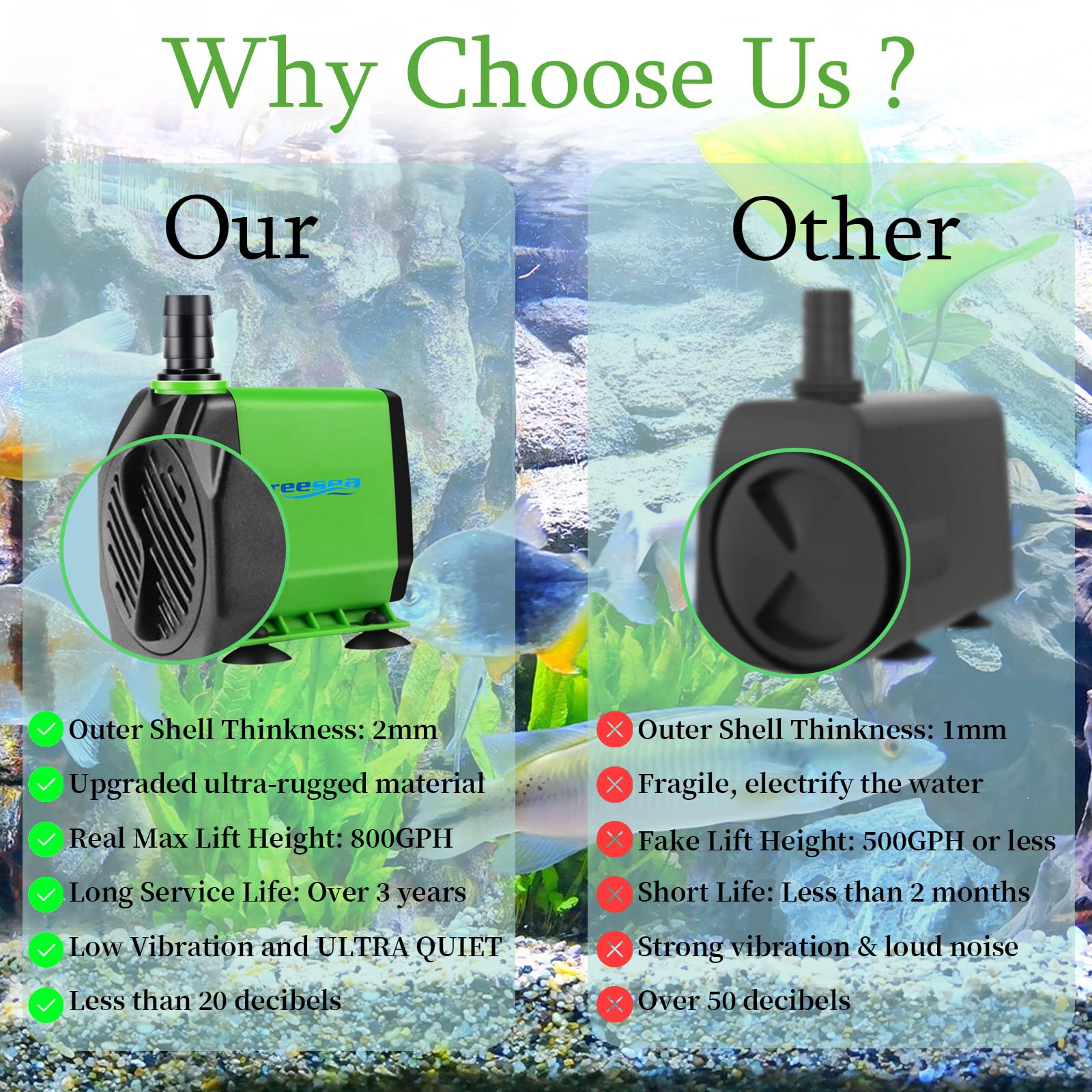 Freesea pump ultra-quiet motor keeps aquariums calm and disturbance-free.
