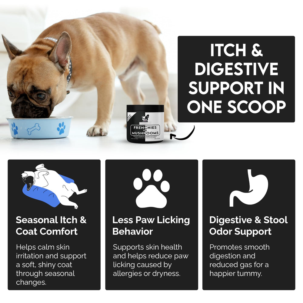 Frenchies vs Everybody coat-boosting mushroom blend for healthier fur.