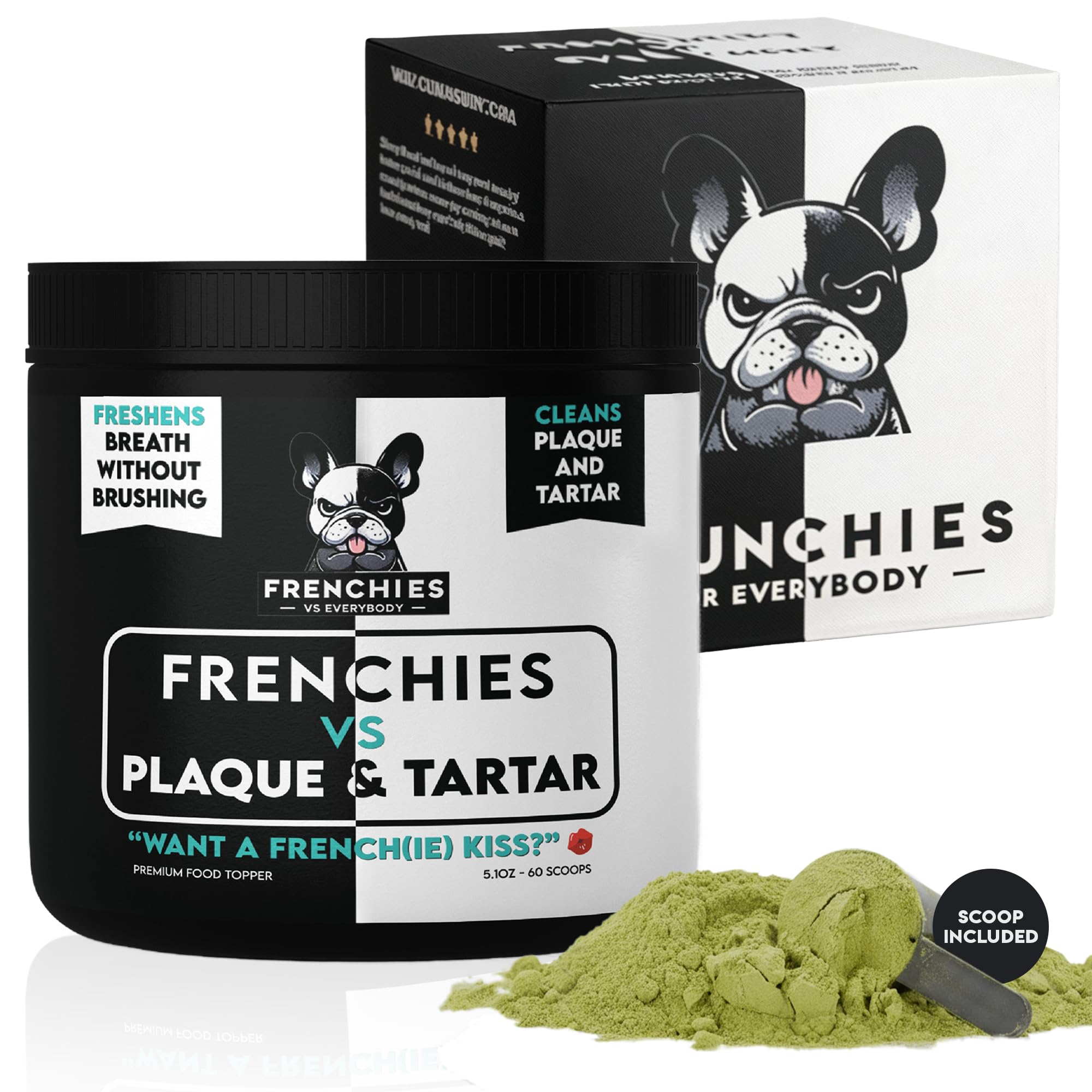 Frenchies vs Everybody dog teeth powder bottle shows easy sprinkle-on use for daily oral care.