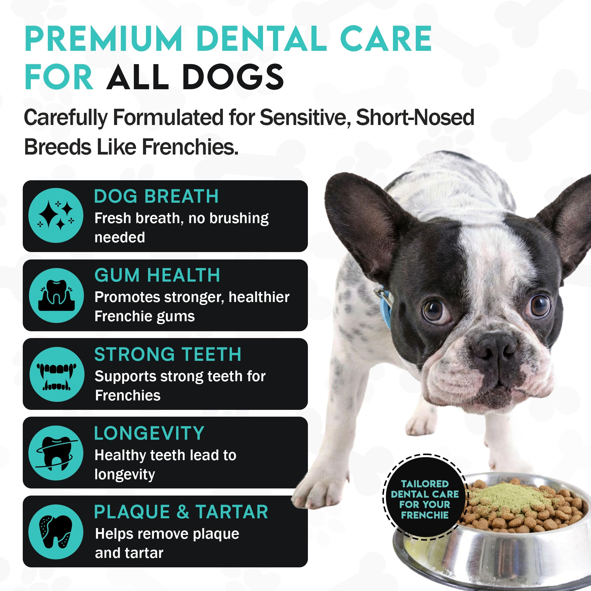 Frenchies vs Everybody dog teeth powder scoop demonstrates simple daily dosage for gentle tartar control.