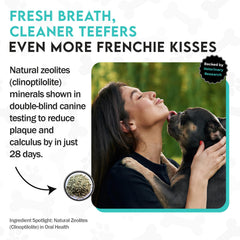 Frenchies vs Everybody fresh breath dog image highlights lasting odor control and closer cuddles.