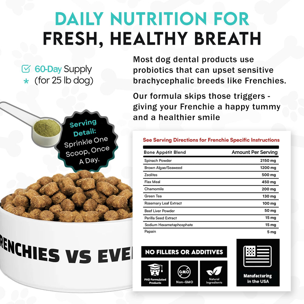 Frenchies vs Everybody natural ingredients for teeth powder emphasize safe herbal-based oral care for dogs.