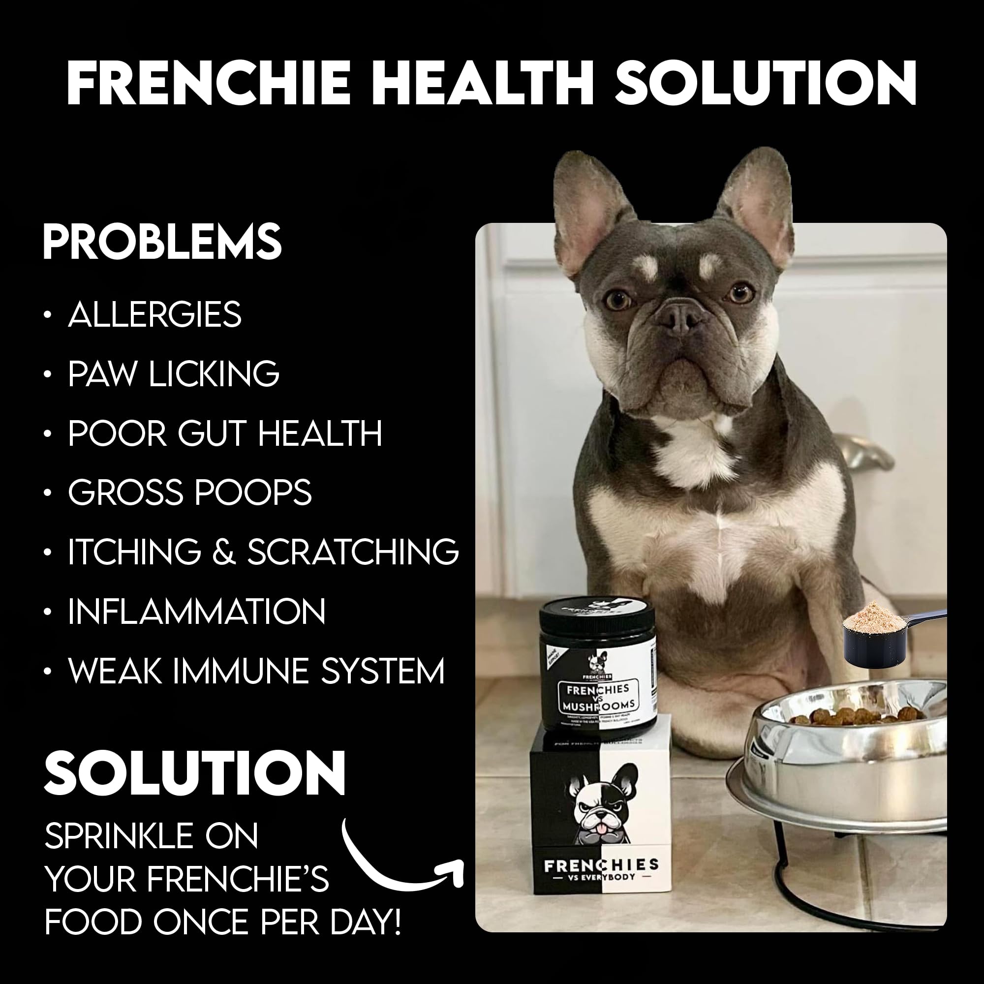 Frenchies vs Everybody omega-3 turmeric dog supplement enhances coat and joints.